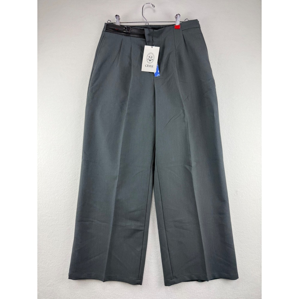 Cider Wide Leg Trousers Women's Large Dark Grey Pleated Belted Dress Pants NWT
